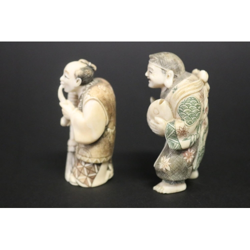 121 - Two well carved Japanese ivory small figures, both signed, approx 6.5cm and 6.2cm H (2)