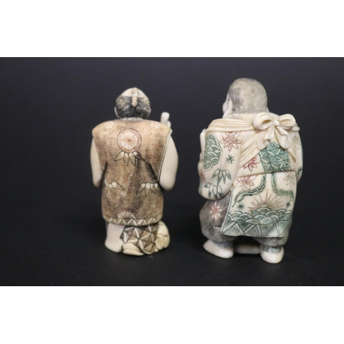 121 - Two well carved Japanese ivory small figures, both signed, approx 6.5cm and 6.2cm H (2)