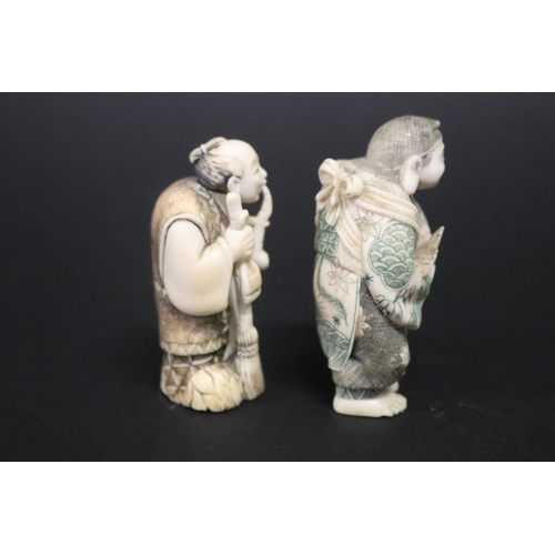 121 - Two well carved Japanese ivory small figures, both signed, approx 6.5cm and 6.2cm H (2)