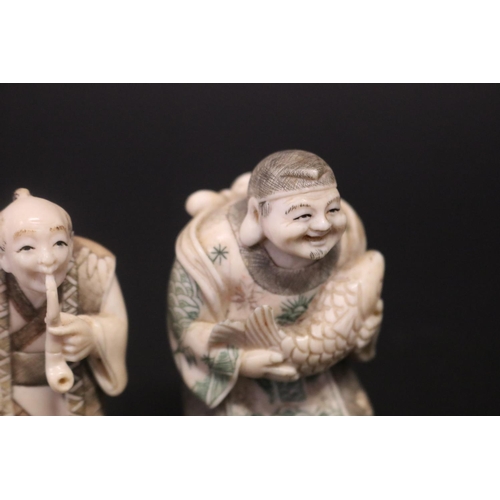 121 - Two well carved Japanese ivory small figures, both signed, approx 6.5cm and 6.2cm H (2)