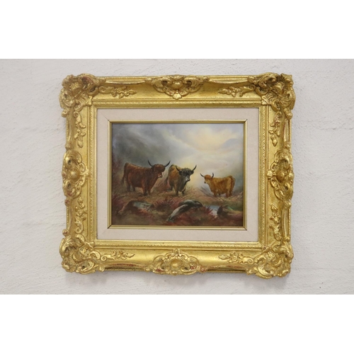 Antique Crown Fielding framed porcelain panel, Highland Cattle, by C Cox, approx 18cm x 23cm
