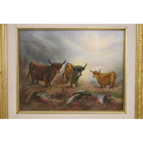 163 - Antique Crown Fielding framed porcelain panel, Highland Cattle, by C Cox, approx 18cm x 23cm