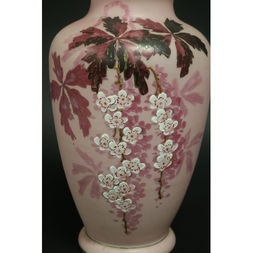 88 - Antique pink milk glass vase, decorated with flowers, approx 32cm H