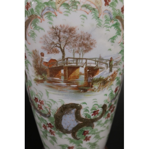 89 - Antique milk glass vase, decorated with winter bridge scene, approx 34cm H