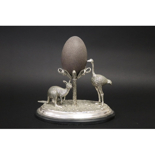 95 - Decorative kangaroo & emu centrepiece with matched emu egg to centre. On patinated bronze base. Appr... 