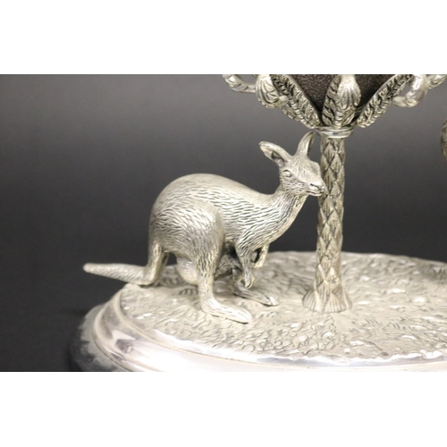 95 - Decorative kangaroo & emu centrepiece with matched emu egg to centre. On patinated bronze base. Appr... 