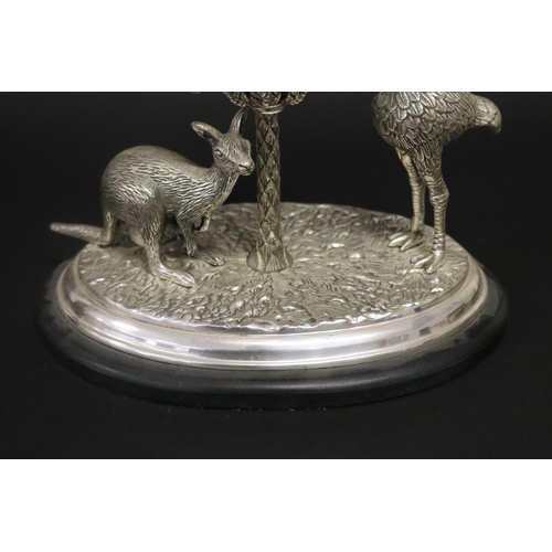 95 - Decorative kangaroo & emu centrepiece with matched emu egg to centre. On patinated bronze base. Appr... 