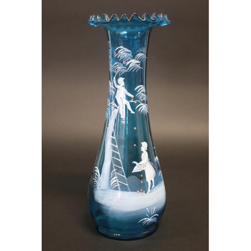 293 - Large antique Mary Gregory blue glass flared vase with crimped edge, showing young boy throwing appl... 