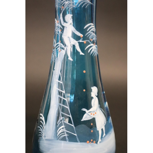 293 - Large antique Mary Gregory blue glass flared vase with crimped edge, showing young boy throwing appl... 