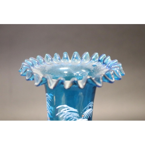 293 - Large antique Mary Gregory blue glass flared vase with crimped edge, showing young boy throwing appl... 