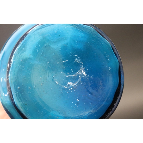 293 - Large antique Mary Gregory blue glass flared vase with crimped edge, showing young boy throwing appl... 