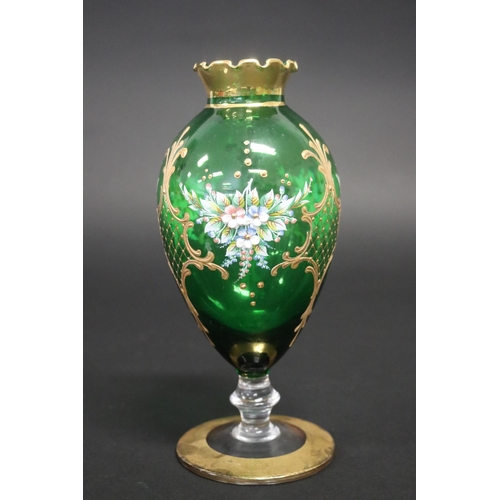 294 - Fine Venetian Green glass vase, enamel work of floral sprays, approx 21cm H