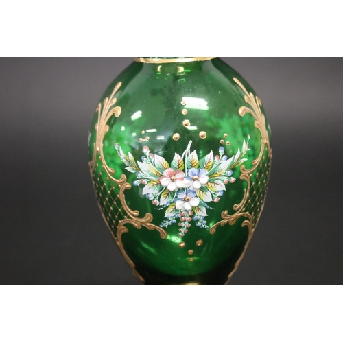 294 - Fine Venetian Green glass vase, enamel work of floral sprays, approx 21cm H