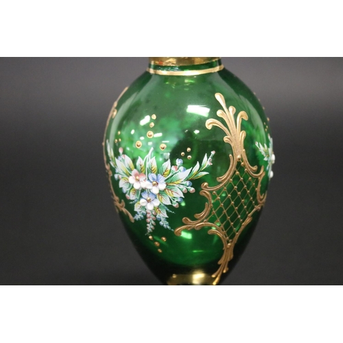 294 - Fine Venetian Green glass vase, enamel work of floral sprays, approx 21cm H