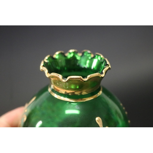 294 - Fine Venetian Green glass vase, enamel work of floral sprays, approx 21cm H