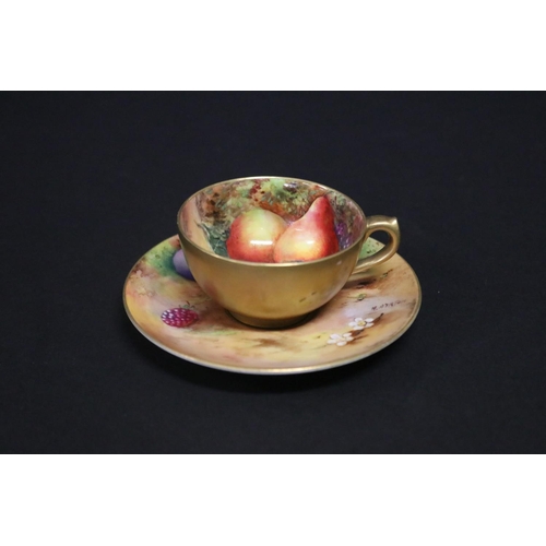 127 - Antique Royal Worcester miniature cup & saucer with fruit decoration, circa 1925, some gilt losses, ... 