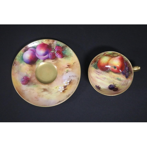 127 - Antique Royal Worcester miniature cup & saucer with fruit decoration, circa 1925, some gilt losses, ... 