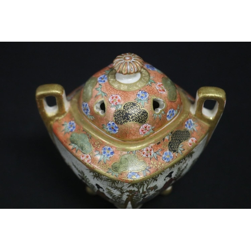 138 - Japanese Kinkozan miniature lidded twin handled censer, decorated with nobles, signed to base, appro... 