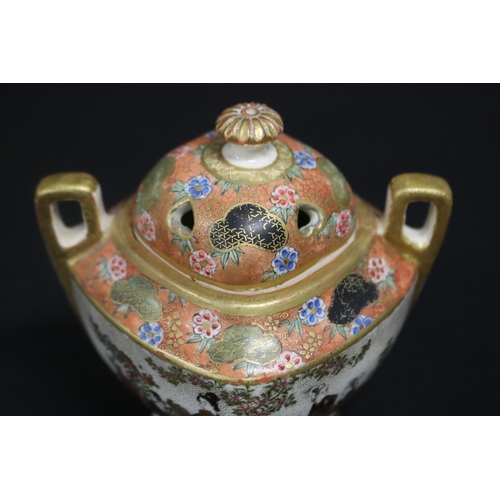 138 - Japanese Kinkozan miniature lidded twin handled censer, decorated with nobles, signed to base, appro... 