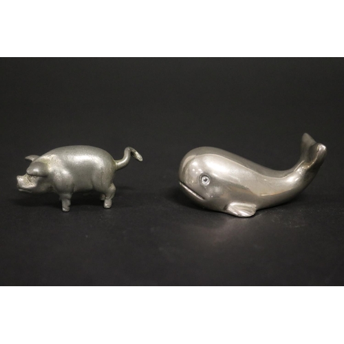 136 - Collection of metal animals, penguin, seal, turtles, pig, whale dolphin label POTO, approx 7cm L and... 