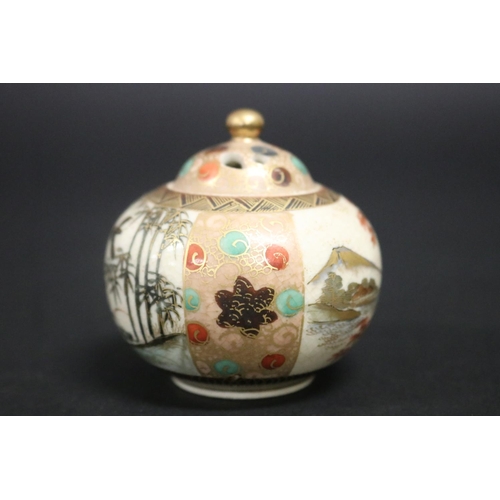 142 - Early 20th century Japanese Satsuma miniature lidded censer, decorated with birds & Mt Fuji, signed ... 