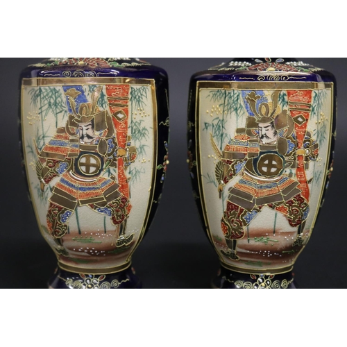 151 - Pair of Japanese Satsuma vases, decorated with samurai, approx 16cm H (2)