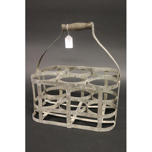 385 - Antique French gal metal six bottle slot basket, approx 36cm H including handle x 32cm W x 22cm d