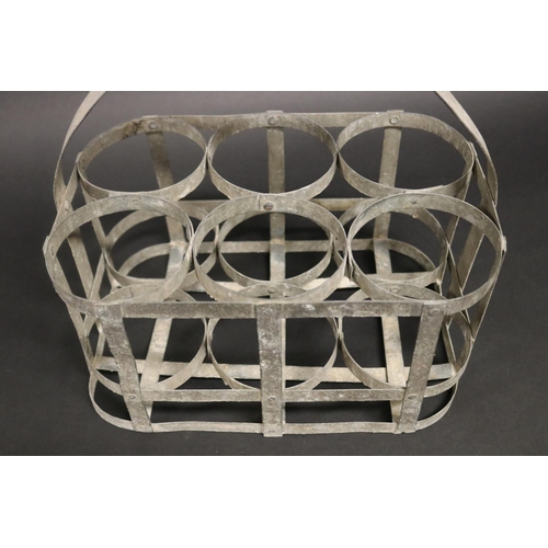 385 - Antique French gal metal six bottle slot basket, approx 36cm H including handle x 32cm W x 22cm d