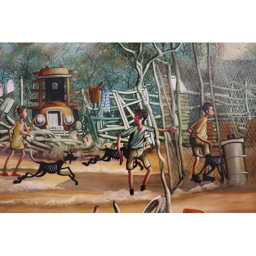 196 - Max Mannix (1939-.) Australia, its in there swallowin the eggs, oil onboard, signed and titled lower... 