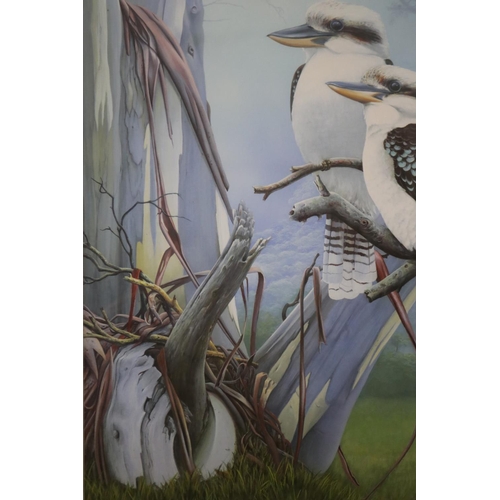 200 - Andrew Patsalou (c1955-.) Australia, oil on board, two Kookaburras, signed lower left, dated 2002, a... 