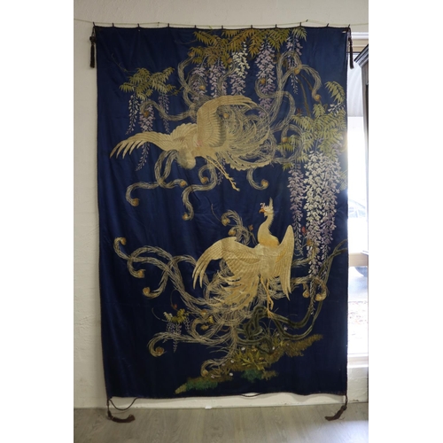 274 - Very rare large blue ground silk wall hanging decorated with two phoenixes & wisteria on silk satin ... 