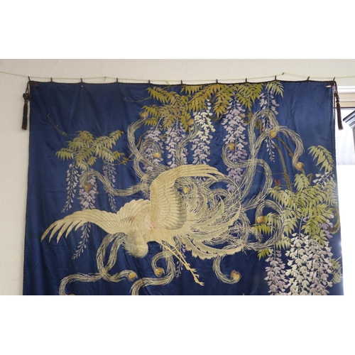 274 - Very rare large blue ground silk wall hanging decorated with two phoenixes & wisteria on silk satin ... 