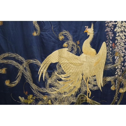 274 - Very rare large blue ground silk wall hanging decorated with two phoenixes & wisteria on silk satin ... 