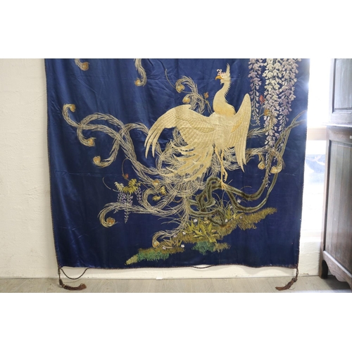 274 - Very rare large blue ground silk wall hanging decorated with two phoenixes & wisteria on silk satin ... 