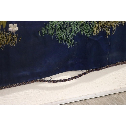 274 - Very rare large blue ground silk wall hanging decorated with two phoenixes & wisteria on silk satin ... 