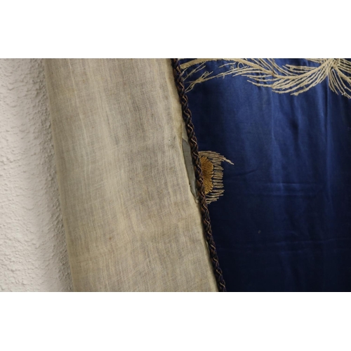 274 - Very rare large blue ground silk wall hanging decorated with two phoenixes & wisteria on silk satin ... 