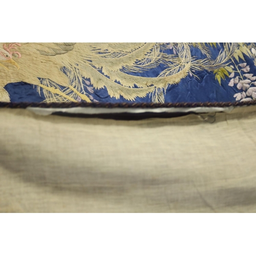 274 - Very rare large blue ground silk wall hanging decorated with two phoenixes & wisteria on silk satin ... 