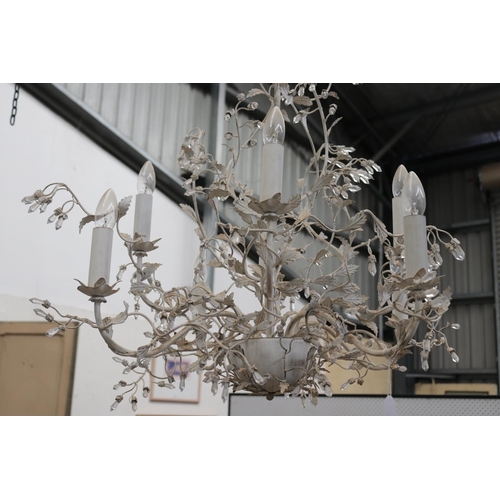 432 - Modern painted flower and branch eight light chandelier, with multi branch crystal point flower head... 