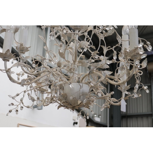 432 - Modern painted flower and branch eight light chandelier, with multi branch crystal point flower head... 