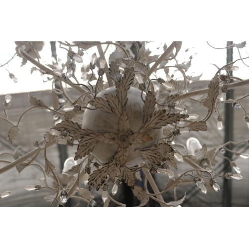 432 - Modern painted flower and branch eight light chandelier, with multi branch crystal point flower head... 