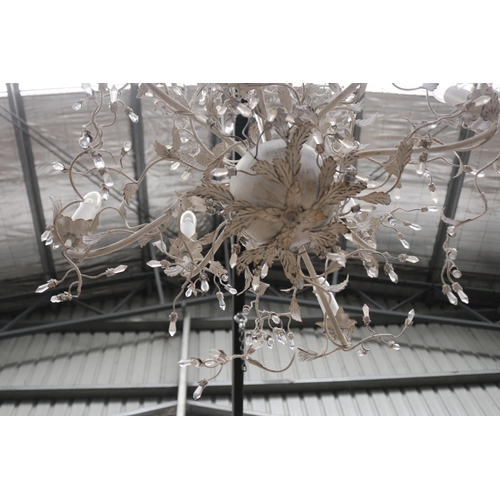 432 - Modern painted flower and branch eight light chandelier, with multi branch crystal point flower head... 