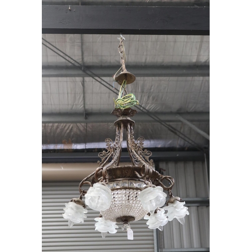 434 - French bronze basket chandelier, with central basket, surrounded by frosted glass flower head branch... 