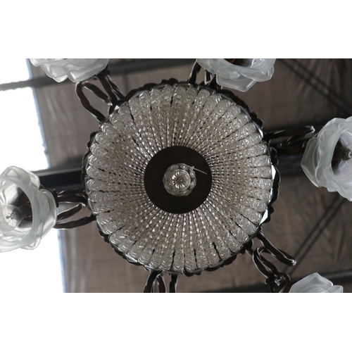 434 - French bronze basket chandelier, with central basket, surrounded by frosted glass flower head branch... 