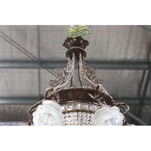 434 - French bronze basket chandelier, with central basket, surrounded by frosted glass flower head branch... 