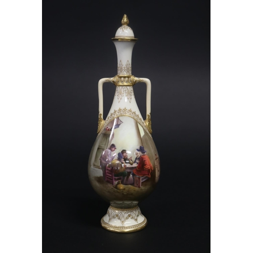 297 - Royal Worcester lidded twin handled vase, hand painted with tavern scene. Lid is restored and chippe... 