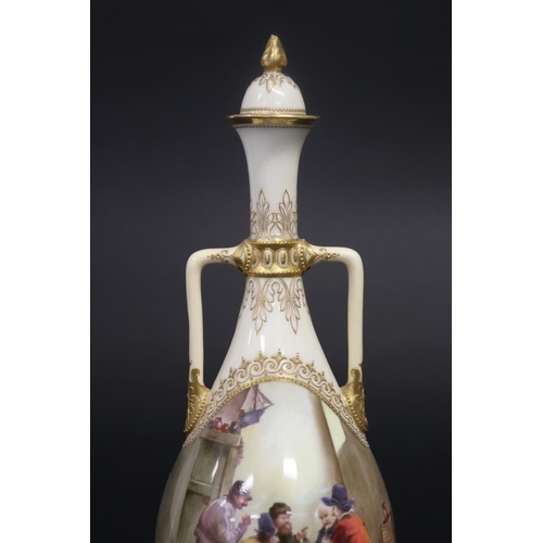 297 - Royal Worcester lidded twin handled vase, hand painted with tavern scene. Lid is restored and chippe... 