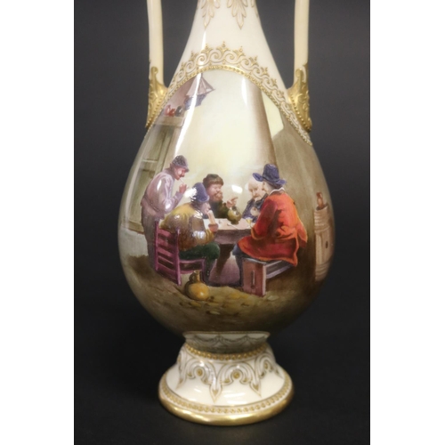 297 - Royal Worcester lidded twin handled vase, hand painted with tavern scene. Lid is restored and chippe... 