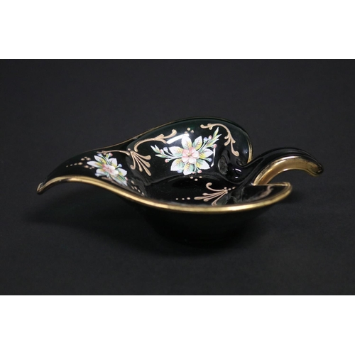 321 - Murano green glass leaf form dish with enamel work & gilt highlights, label to base, approx 17cm x 1... 