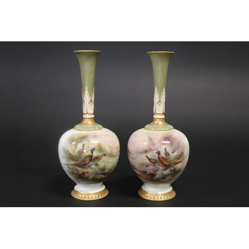 322 - Pair of Royal Worcester fluted vases, 'Pheasants' by John Stinton, of squat form with long neck, pai... 