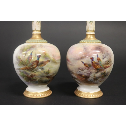 322 - Pair of Royal Worcester fluted vases, 'Pheasants' by John Stinton, of squat form with long neck, pai... 